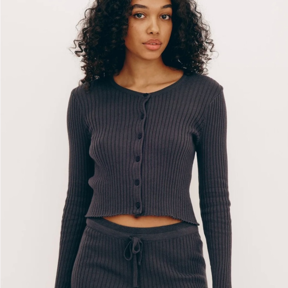 Ribbed Grey Button-Up Cardigan